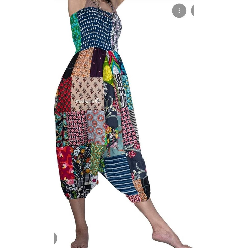 Tribe Azure Patchwork Harem Jumpsuit Pants L/XL Fair Trade Boho Festival Romper